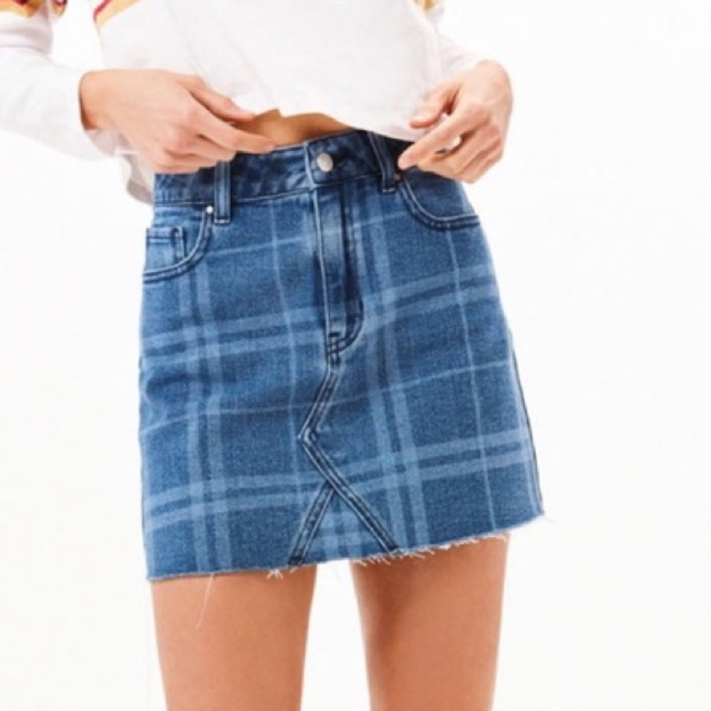 PacSun Plaid Frayed Denim Mini Skirt - Picture 1 of 8